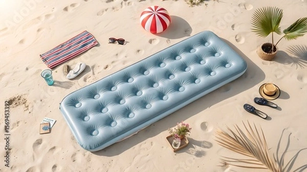 Fototapeta  Overhead view of various beach essentials scattered around a blue inflatable mattress on soft sand, perfect for a relaxing summer day