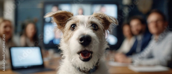 Fototapeta Close up of dog with open mouth in meeting room with people and laptop behind it
