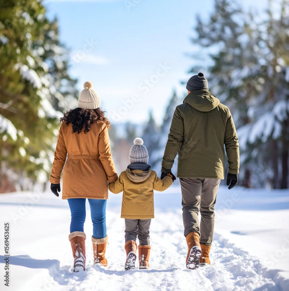 Obraz enfant et ses parents en promenade en hiver dans la neige