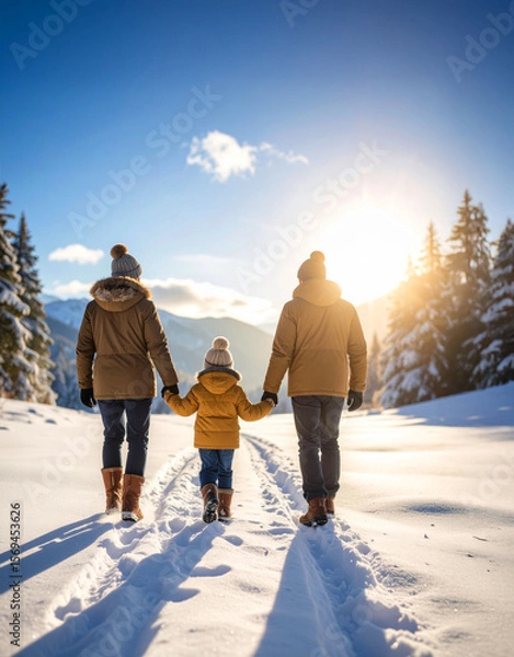 Obraz enfant et ses parents en promenade en hiver dans la neige