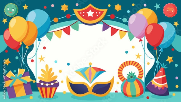 Fototapeta Festive carnival party scene with balloons masks and gifts