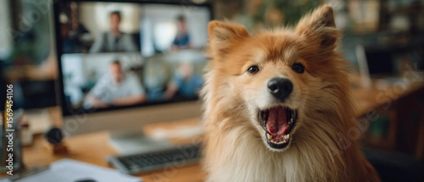 Fototapeta A fluffy dog barks in front of a computer screen showing a video conference call