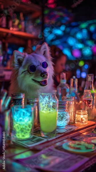 Fototapeta A dog with sunglasses behind a bar with glowing drinks and neon lights behind it
