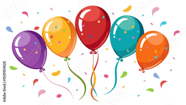 Fototapeta Brightly colored balloons floating with confetti for celebrations and parties