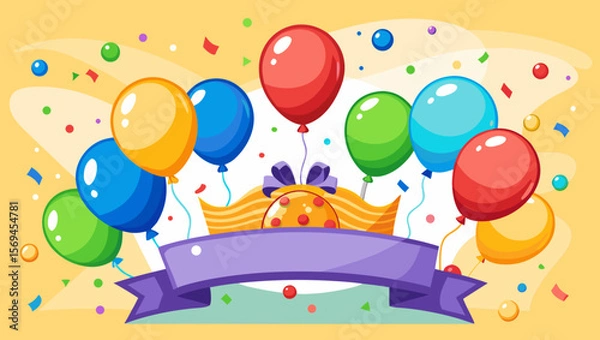 Fototapeta Colorful balloons and confetti celebrate a festive occasion with a ribbon banner