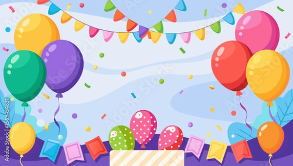 Fototapeta Festive celebration with colorful balloons and bunting flags and confetti