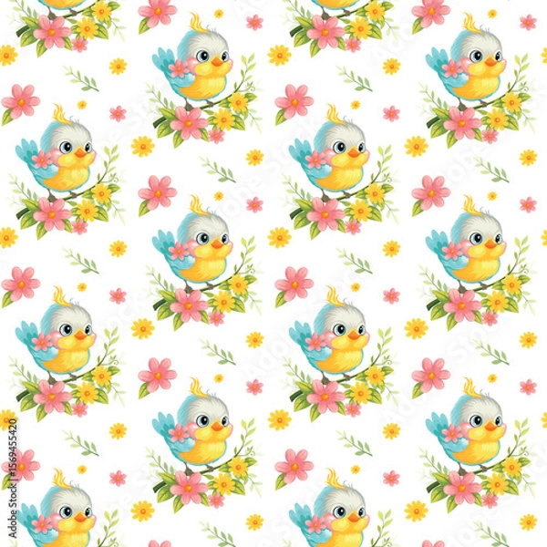 Fototapeta Seamless pattern with cute cartoon bird sitting on a flowering branch