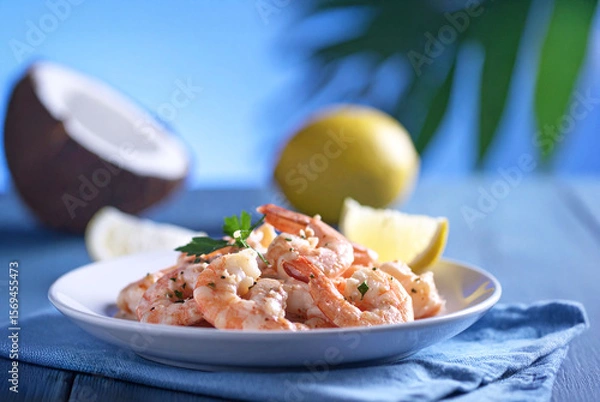 Obraz assiette de crevettes, noix de coco et citron, sur la plage