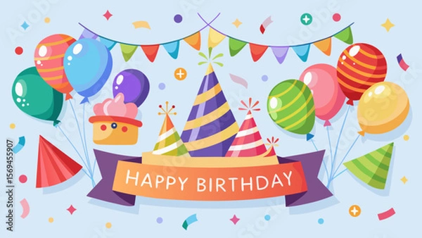 Fototapeta Festive happy birthday banner with balloons party hats and confetti