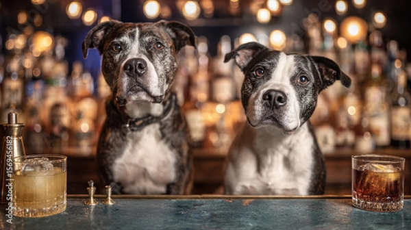 Fototapeta Two dogs behind a bar with cocktails and a shaker in a dimly lit environment