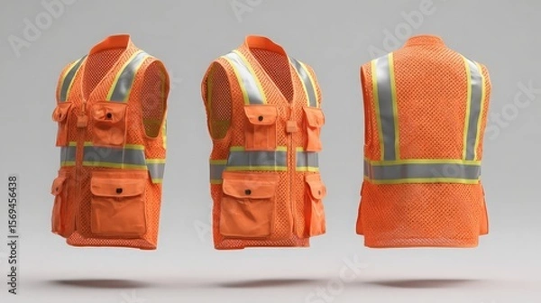 Fototapeta orange high-visibility safety vest mockup with reflective tape, front, side and back views on grey background
