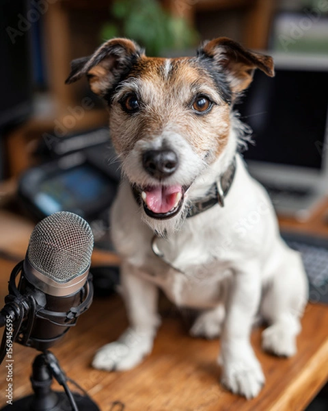 Fototapeta Jack russell terrier sitting near microphone on wooden desk in home studio setup