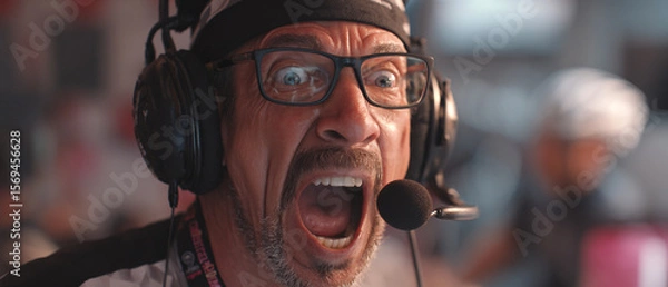 Fototapeta A man with glasses and a headset yelling with his mouth open wide in a close up shot