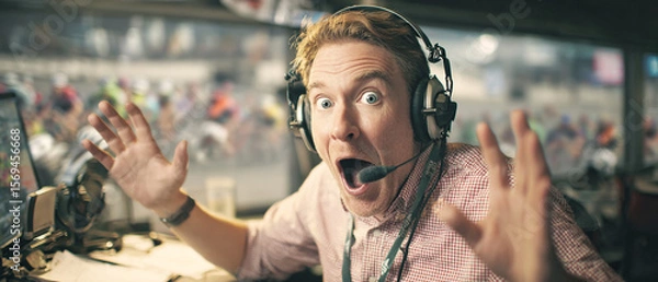 Fototapeta Man in headset with surprised expression and raised hands in broadcasting booth