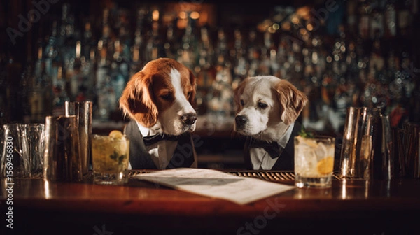 Fototapeta Two dogs in tuxedos stand behind a bar with cocktails and bar equipment visible