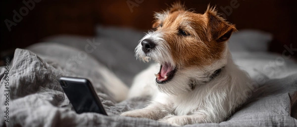 Fototapeta A jack russell terrier yawning while lying on a bed next to a mobile phone device
