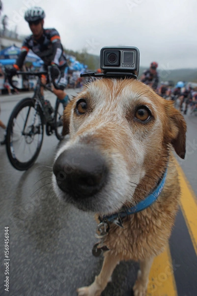 Fototapeta Close up of a dog with a gopro camera on its head at a bicycle race event outdoors