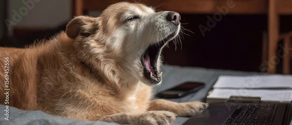 Fototapeta Golden retriever yawning dramatically next to a laptop and documents on a bed