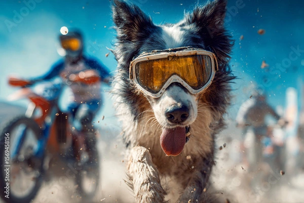Fototapeta A dog wearing goggles running towards the camera with motorbikes in the background