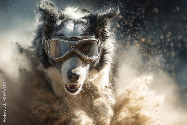Fototapeta Close up of a dog wearing goggles running through dust with a determined expression
