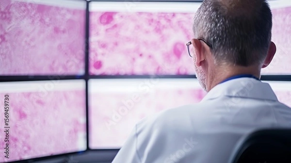 Fototapeta Scientist Analyzing Microscopic Images on Multiple Monitors