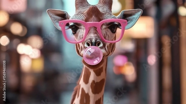 Obraz Funny giraffe blowing bubble gum and wearing pink glasses – whimsical animal portrait with humor and personality, surreal and playful concept for creative or editorial use

.