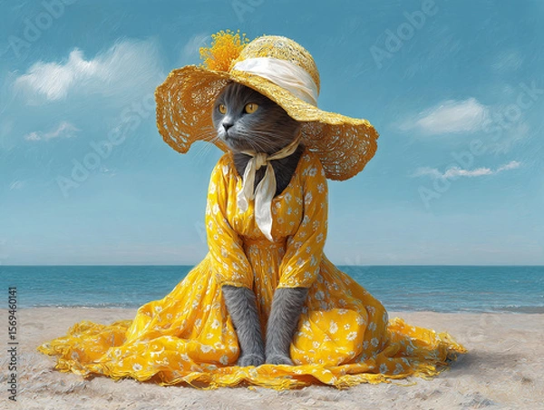 Fototapeta Cat dressed in yellow dress and hat sitting on beach with ocean and sky background