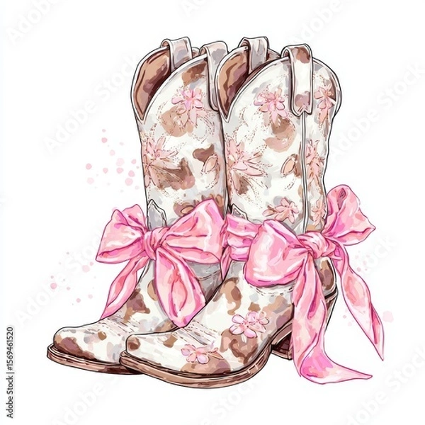 Fototapeta Watercolor Cowgirl Boots with Pink Bows A charming illustration of western fashion and feminine detail for creative projects.