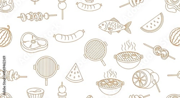 Obraz BBQ Grill Doodle Pattern - Barbecue Line Art Icons, Seamless Summer Cookout Background