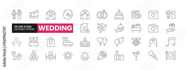 Fototapeta Set of 36 Wedding line icons set. Wedding outline icons with editable stroke collection. Includes Wedding Dress, Invitations, Decorations, Guest List, Budgeting, and More.