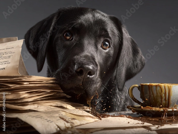 Fototapeta A black labrador puppy looking over a stack of papers and a spilled coffee cup mess