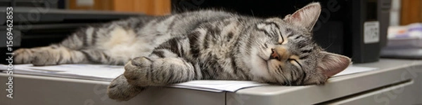 Fototapeta A tabby cat sleeping on top of a printer with papers in an office environment