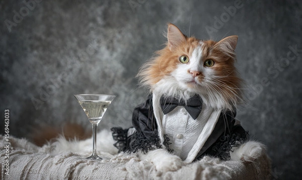 Fototapeta A cat in a tuxedo with a martini glass sitting on a white fluffy surface backdrop