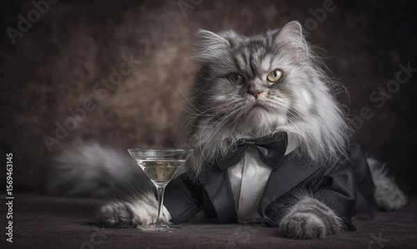 Fototapeta A sophisticated cat in a tuxedo with a martini glass on a dark textured background