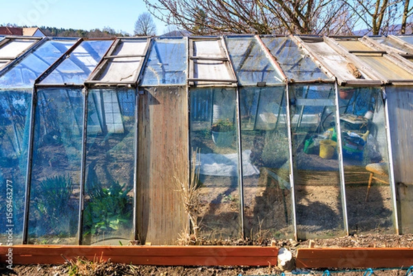 Fototapeta Rustic greenhouse with glass panels in rural setting on a sunny day