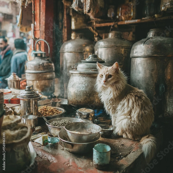 Fototapeta A fluffy cat sits among metal pots and bowls in a dimly lit, cluttered shop scene