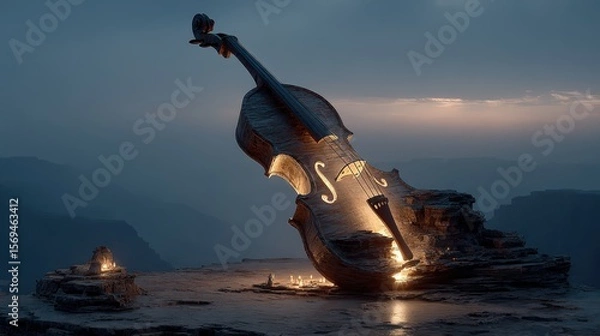Fototapeta Fantasy art violin sculpture at twilight on a dramatic cliff