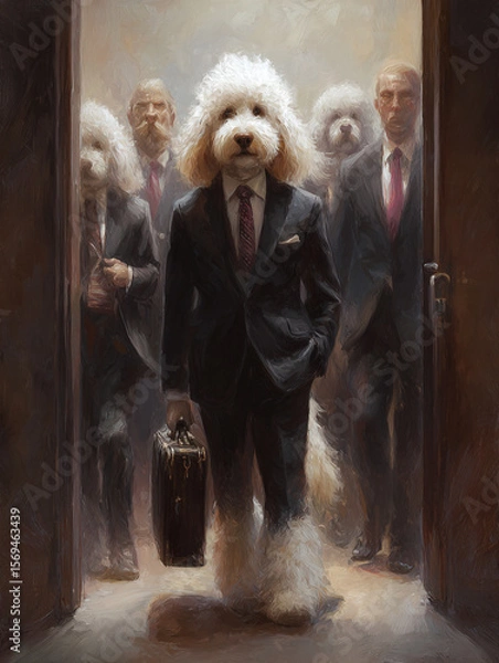 Fototapeta A group of dogs in suits walking through a doorway with a briefcase in hand