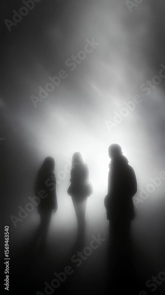 Fototapeta mysterious silhouettes in fog monochrome atmospheric dark figures moody black and white