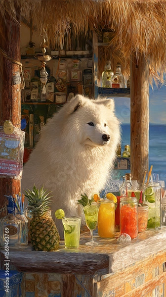 Fototapeta A fluffy white dog sits at a beach bar with colorful drinks and a pineapple nearby