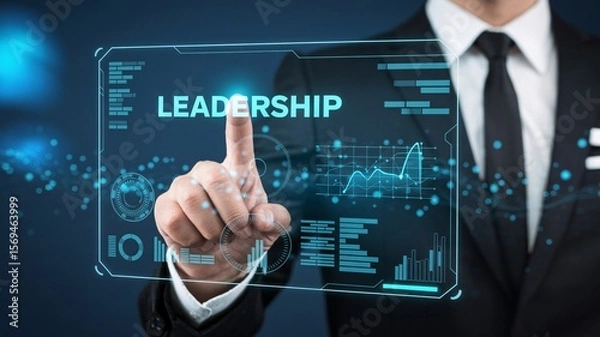 Fototapeta Business leadership concept with businessman touching digital screen interface and futuristic graphics.