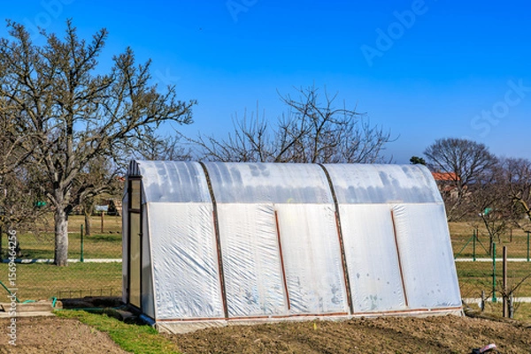 Fototapeta Rural greenhouse in early spring garden setting with clear blue sky