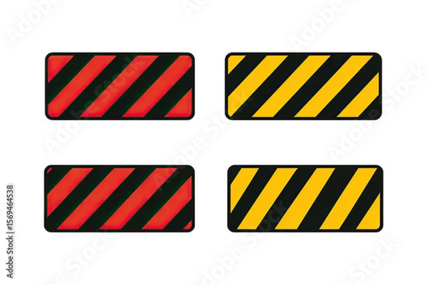 Fototapeta Four rectangular warning signs, alternating red/black and yellow/black diagonal stripes