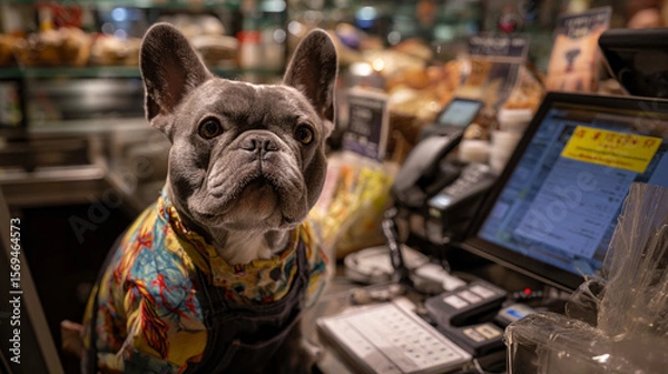 Fototapeta A french bulldog wearing a colorful shirt standing behind a counter in a store