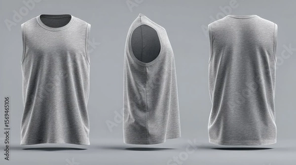Fototapeta Grey heather boxing training tank top mockup, front, side, back views on grey background
