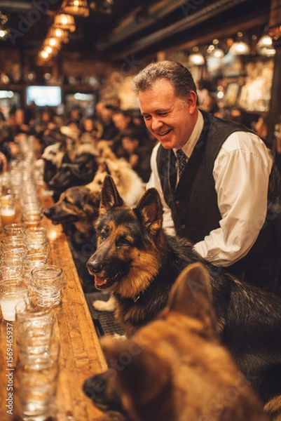 Fototapeta Man smiling with german shepherds lined up at a bar with glasses of water ready
