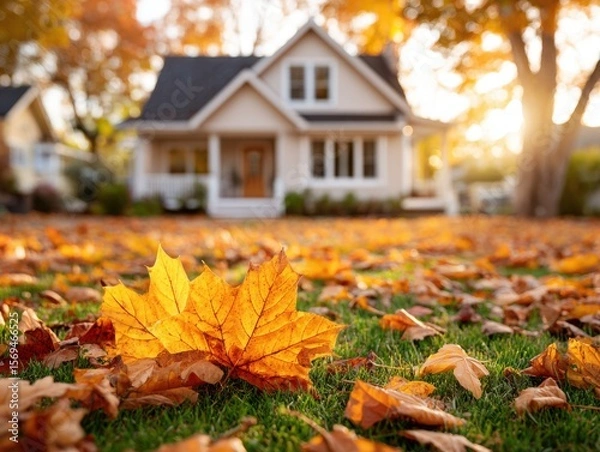 Fototapeta Bright maple leaves on grass, blurred house in the background, autumn sunny day in residential area.