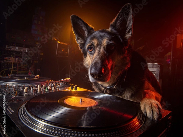 Fototapeta A german shepherd dj dog is seen with its paw on a turntable in a dark setting