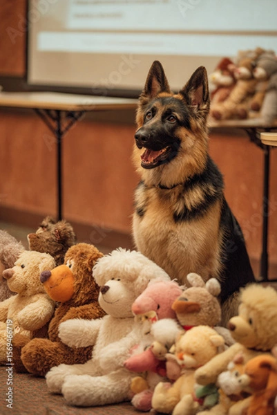 Fototapeta German shepherd dog sitting behind a row of teddy bears looking to the right side