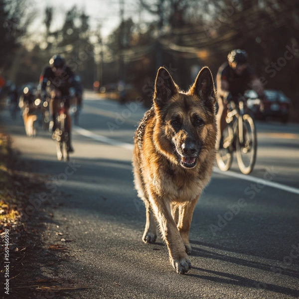 Fototapeta A german shepherd dog running on a road with cyclists in the background during daytime